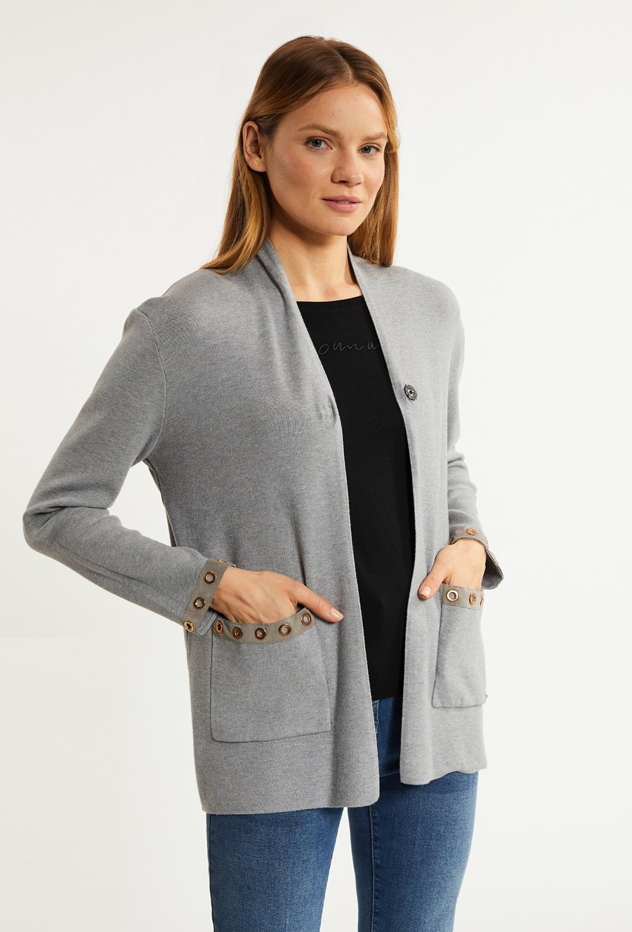 Kardigan damski z ozdobną aplikacją