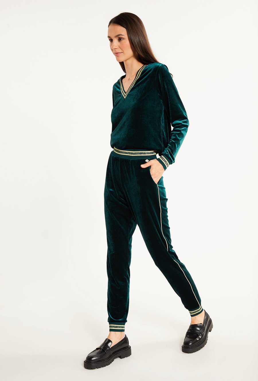 Welurowe spodnie damskie z aplikacją