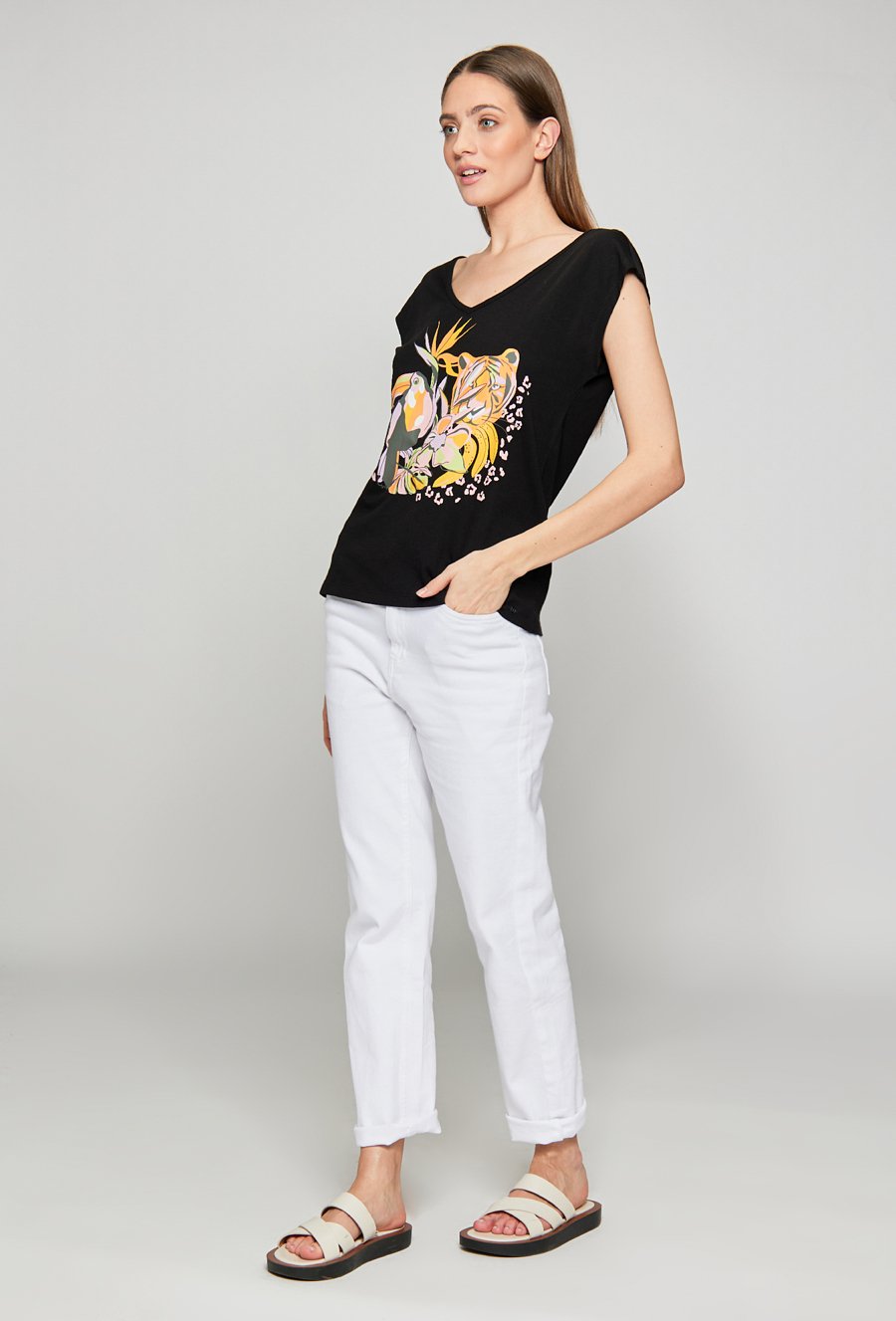 T-shirt damski z wzorzystym panelem