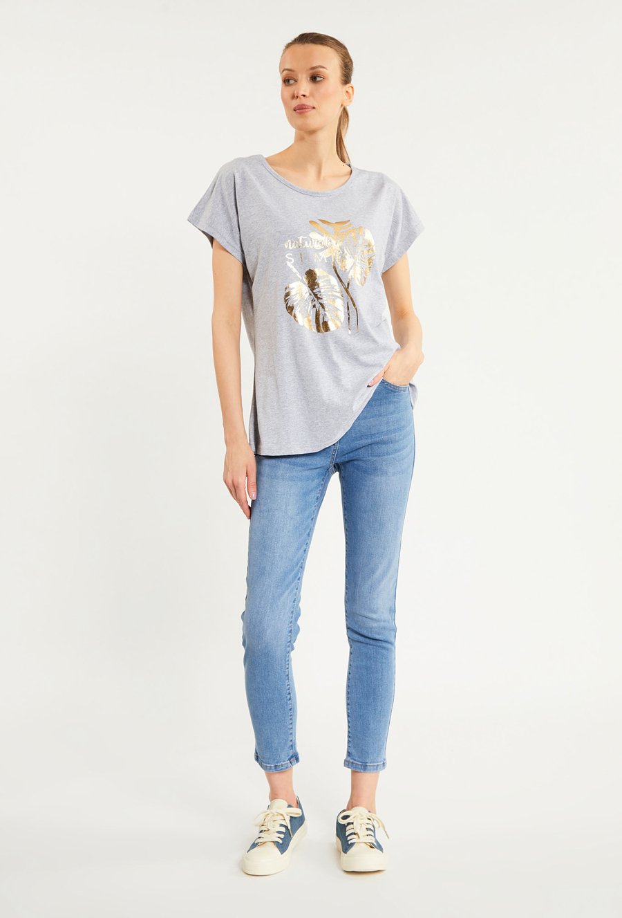 T-shirt damski z połyskującym panelem