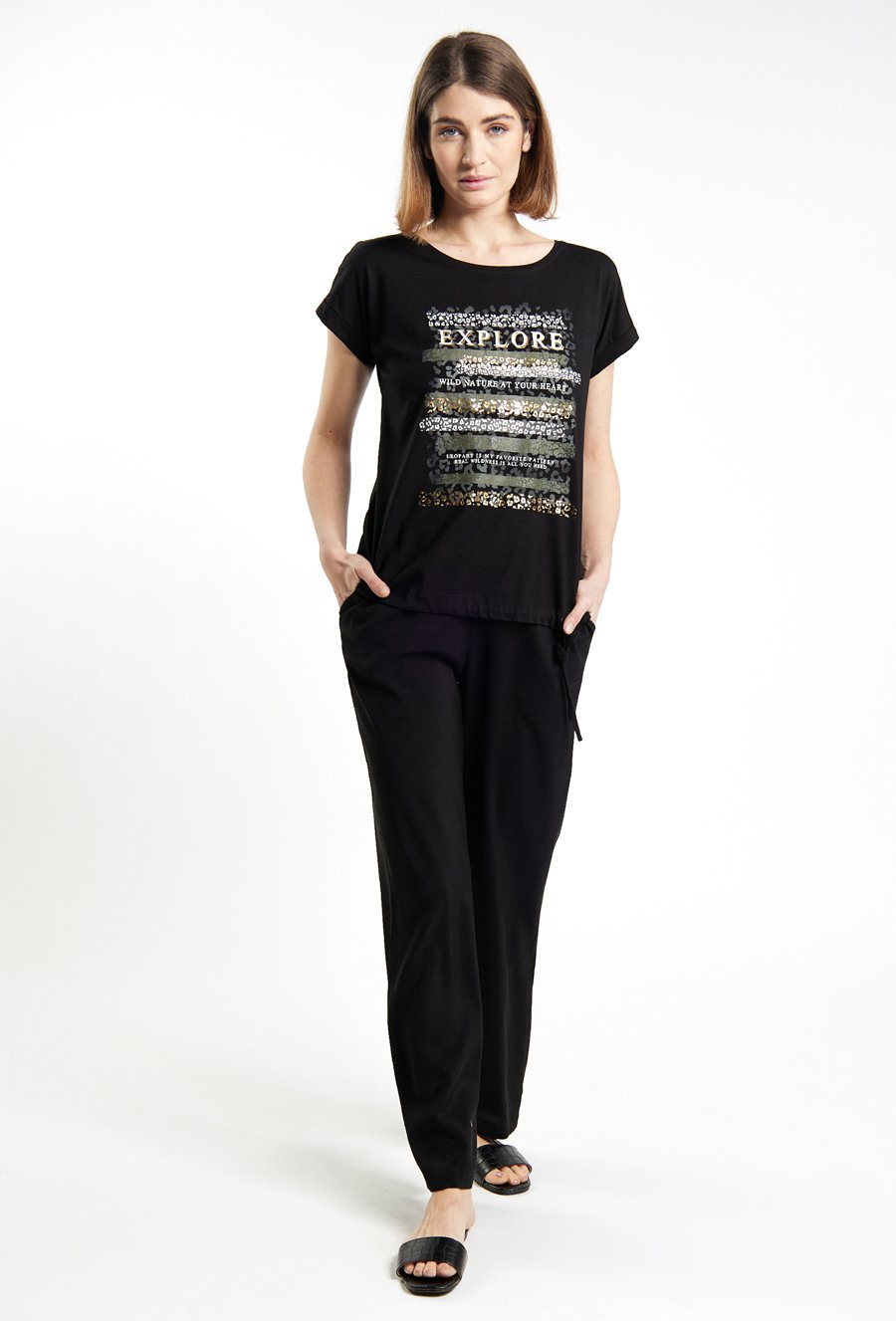 T-shirt damski z wzorzystym panelem