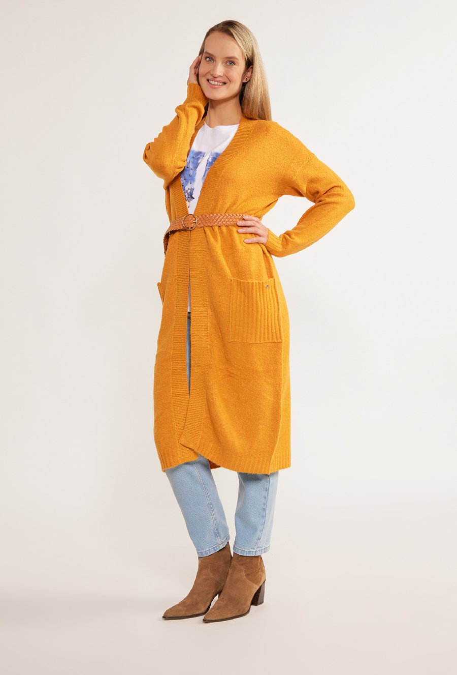 Długi kardigan z kieszeniami