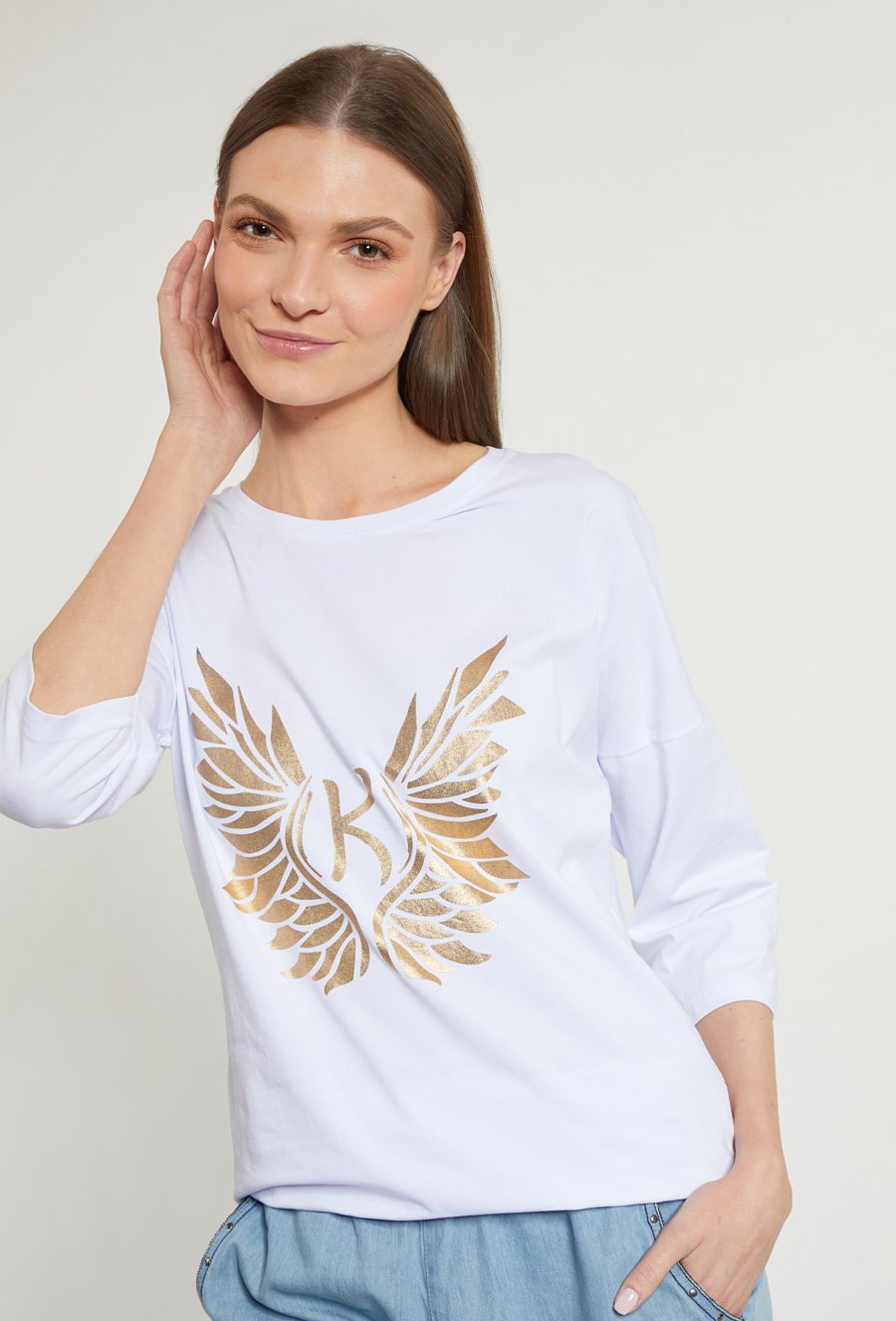 Bawełniany t-shirt damski z ozdobnym panelem