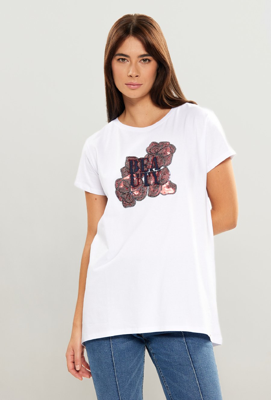 T-shirt damski z dłuższym tyłem