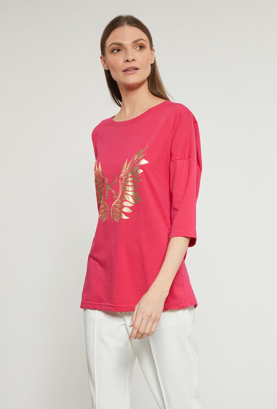 Bawełniany t-shirt damski z ozdobnym panelem