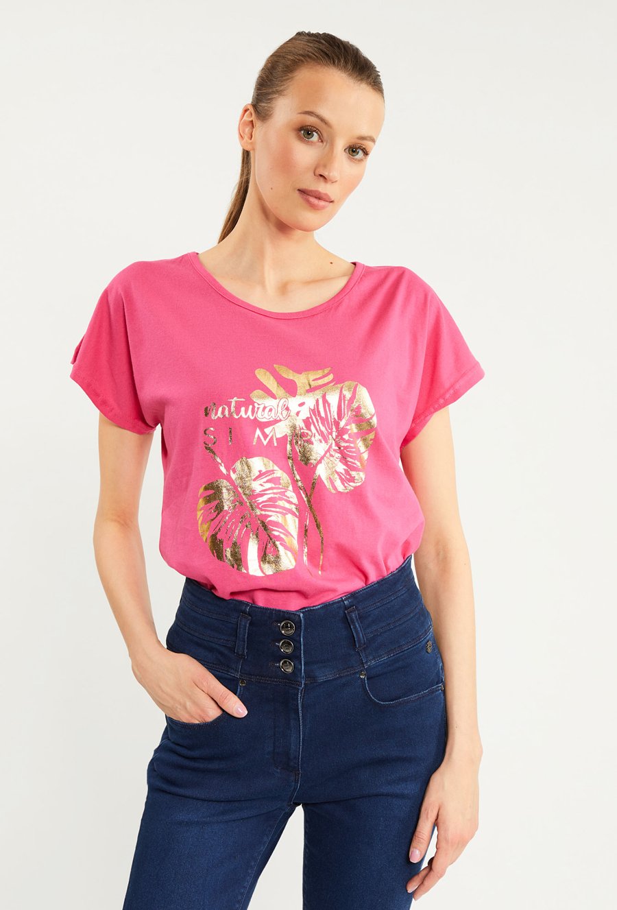 T-shirt damski z połyskującym panelem