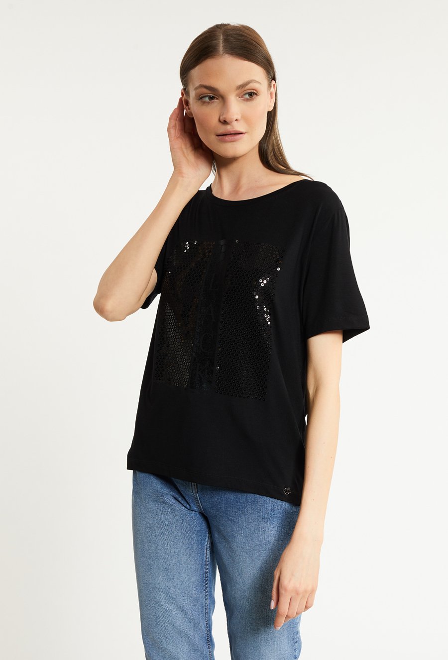 T-shirt damski z cekinową aplikacją