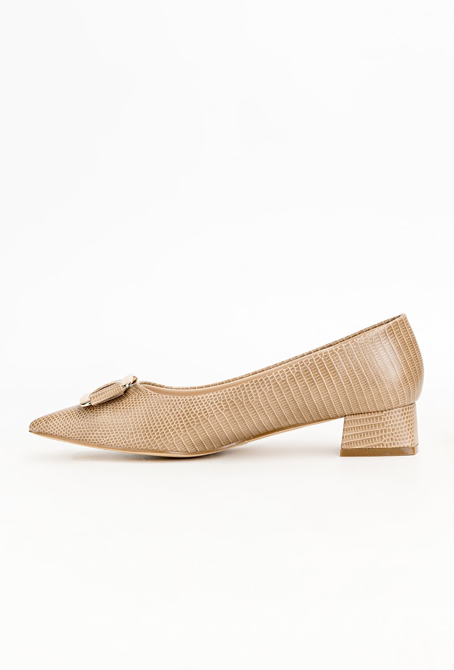 Beżowe cz&oacute;łenka z ozdobnym wzorem i klamrą OGGIO