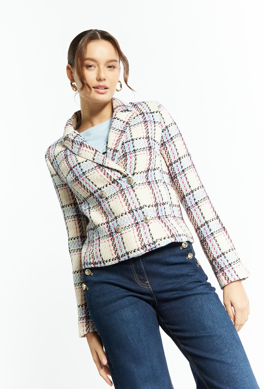 Marynarka w kratę o kr&oacute;tszym fasonie