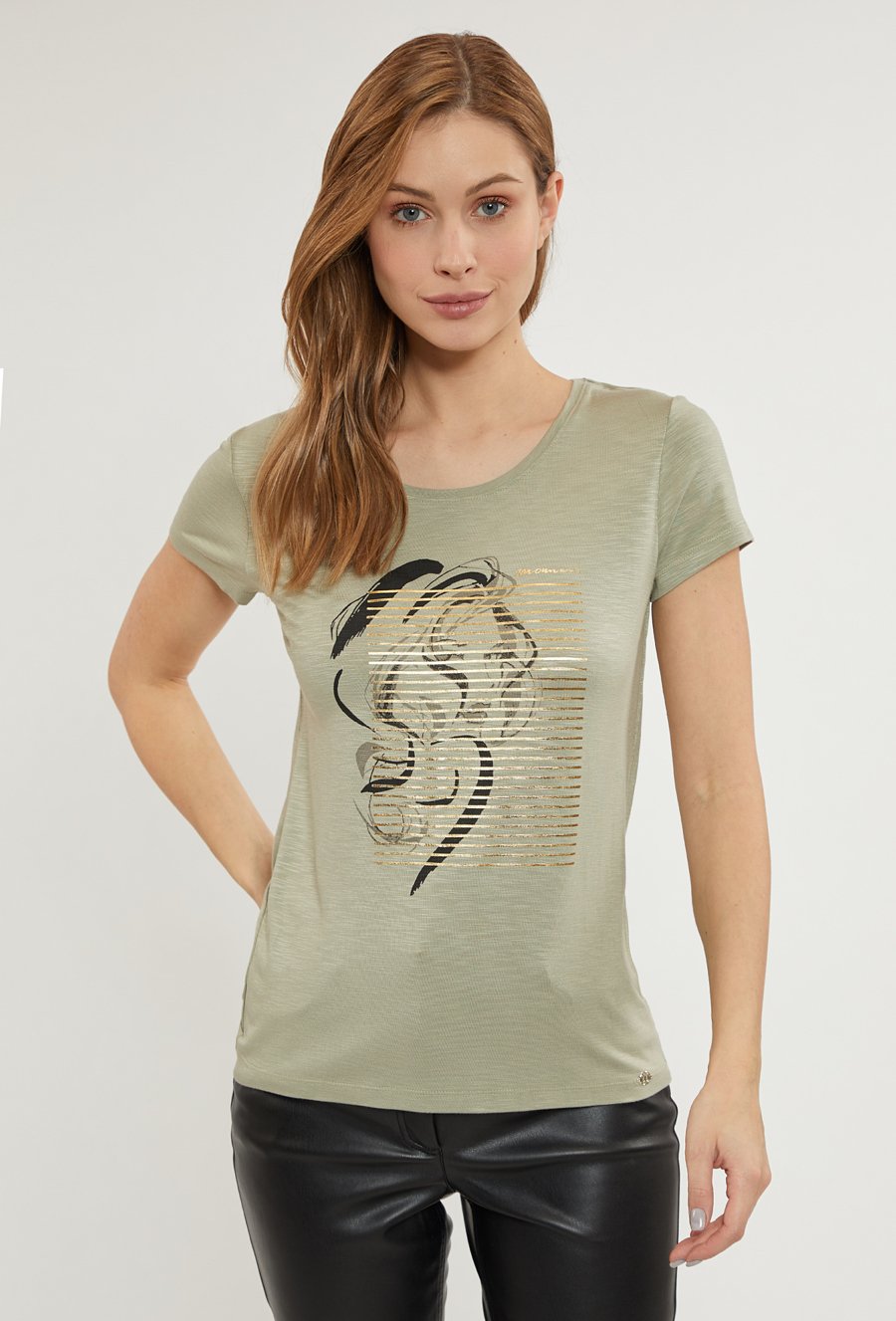 Wiskozowy t-shirt damski z ozdobnym nadrukiem