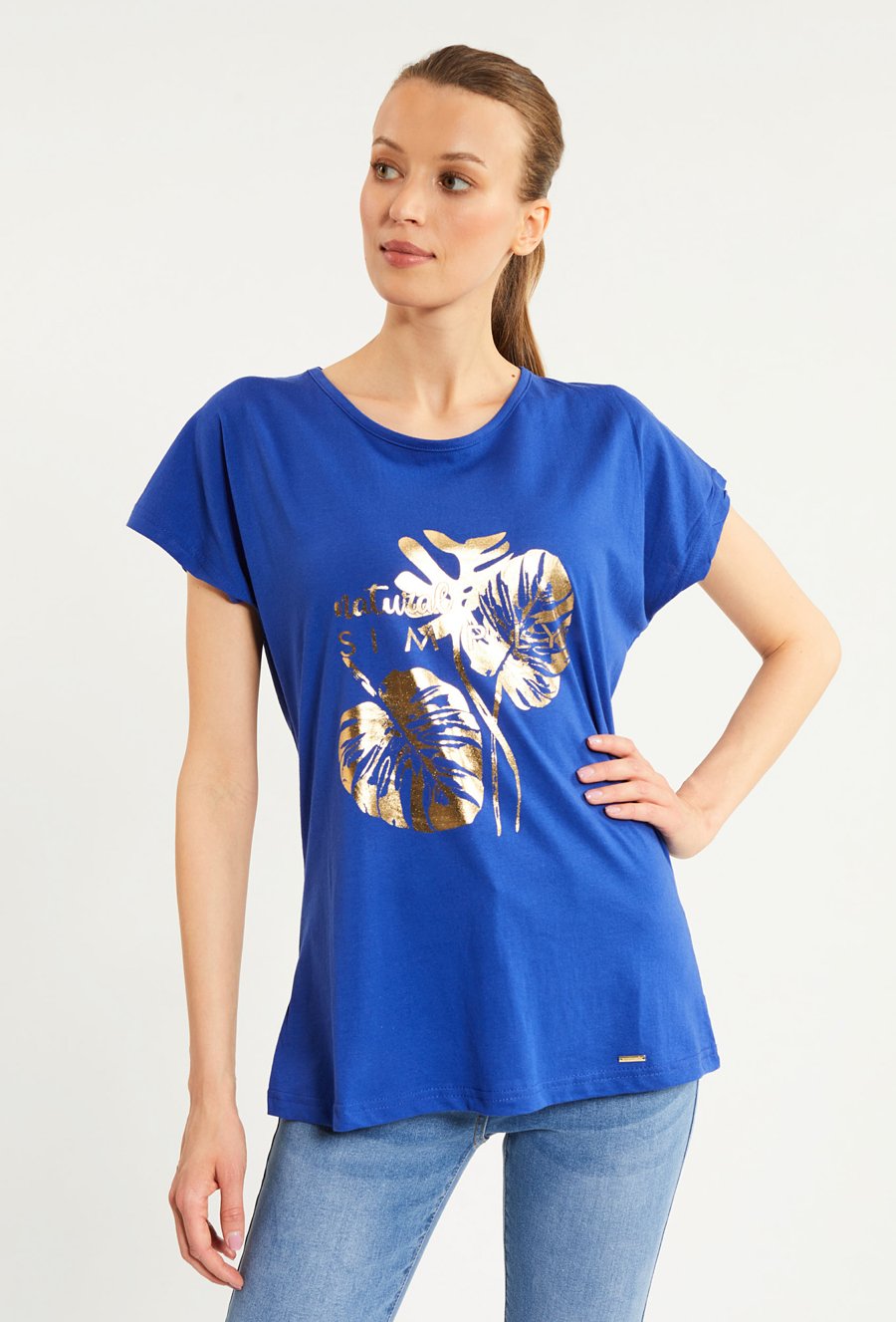 T-shirt damski z połyskującym panelem