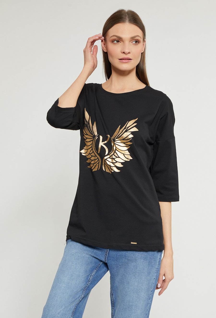 Bawełniany t-shirt damski z ozdobnym panelem