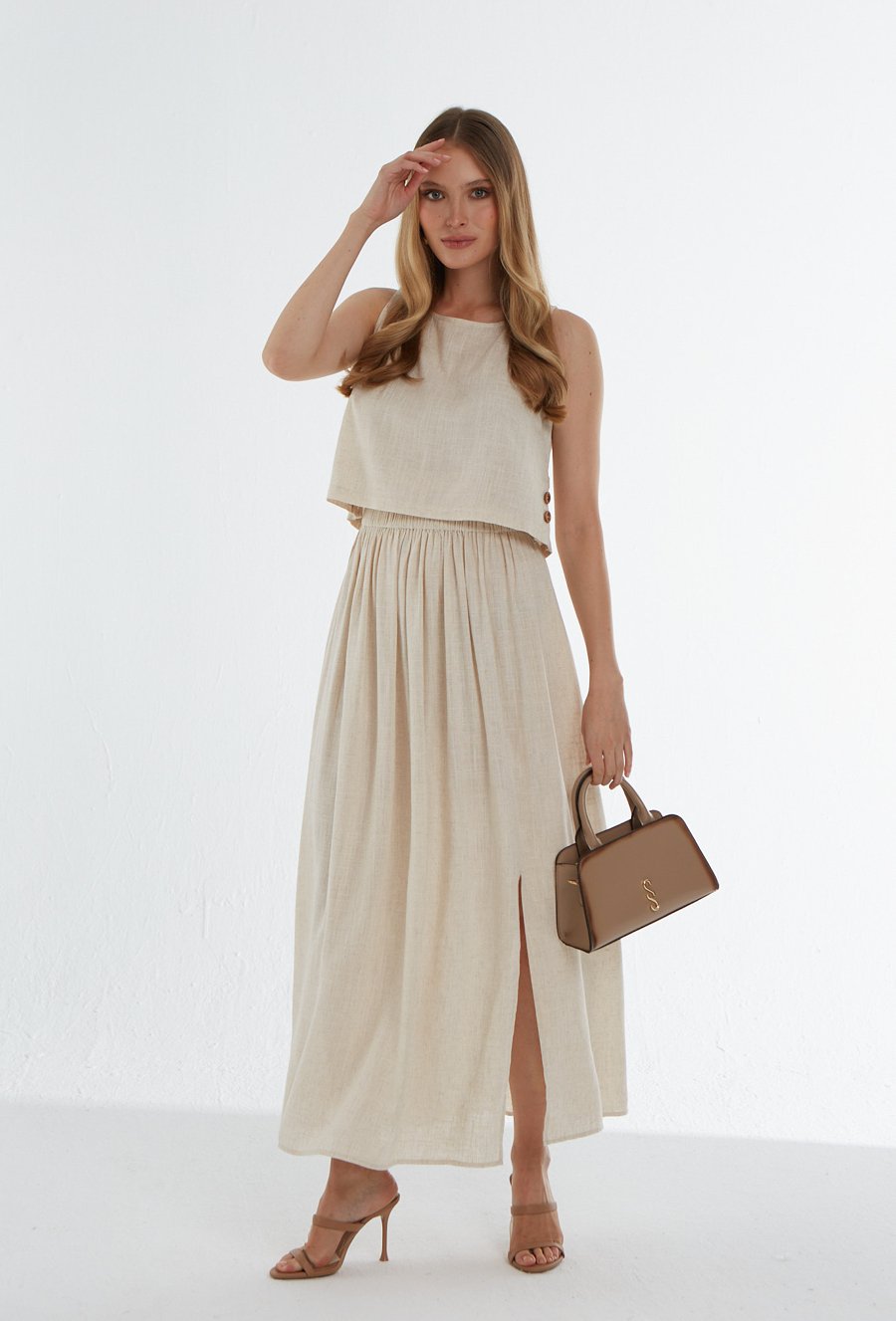 Beżowa lniana sp&oacute;dnica