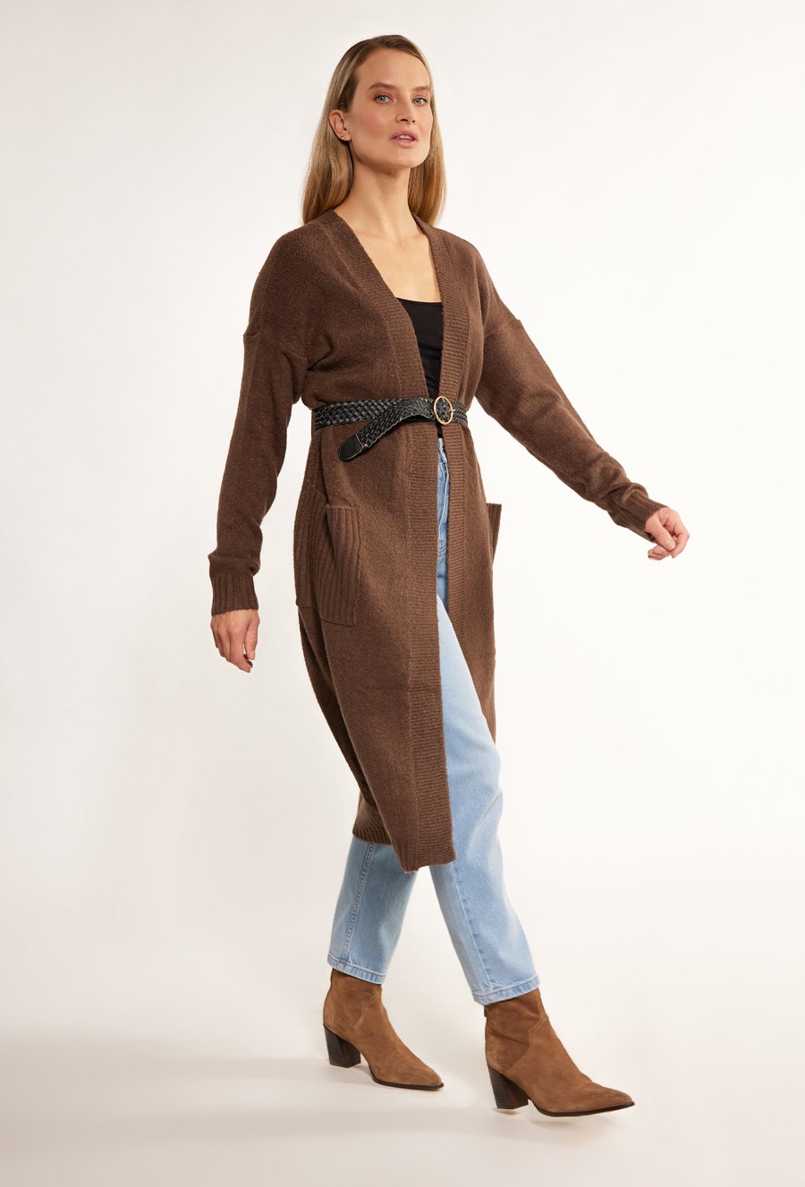 Długi kardigan z kieszeniami