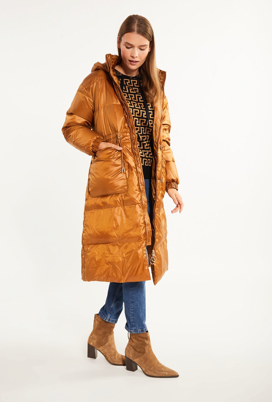 Puchowy długi płaszcz damski