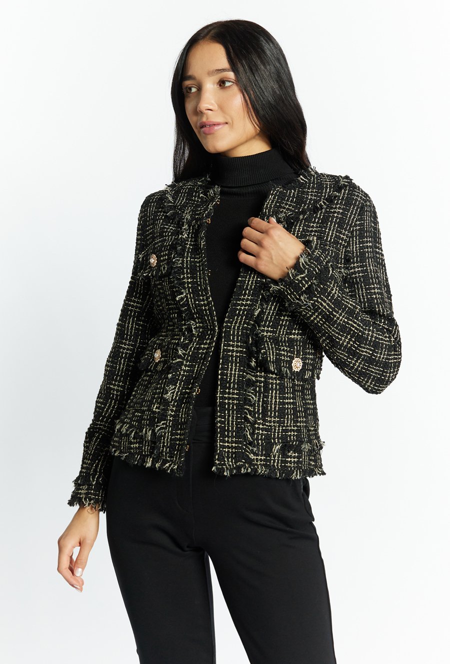 Tweedowy żakiet z biżuteryjnymi guzikami