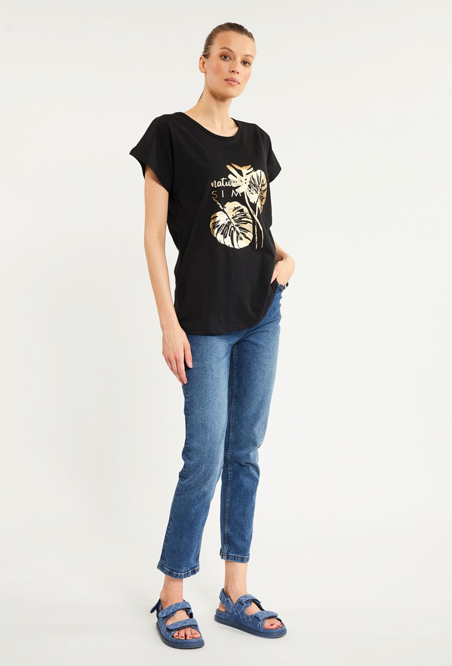 T-shirt damski z połyskującym panelem