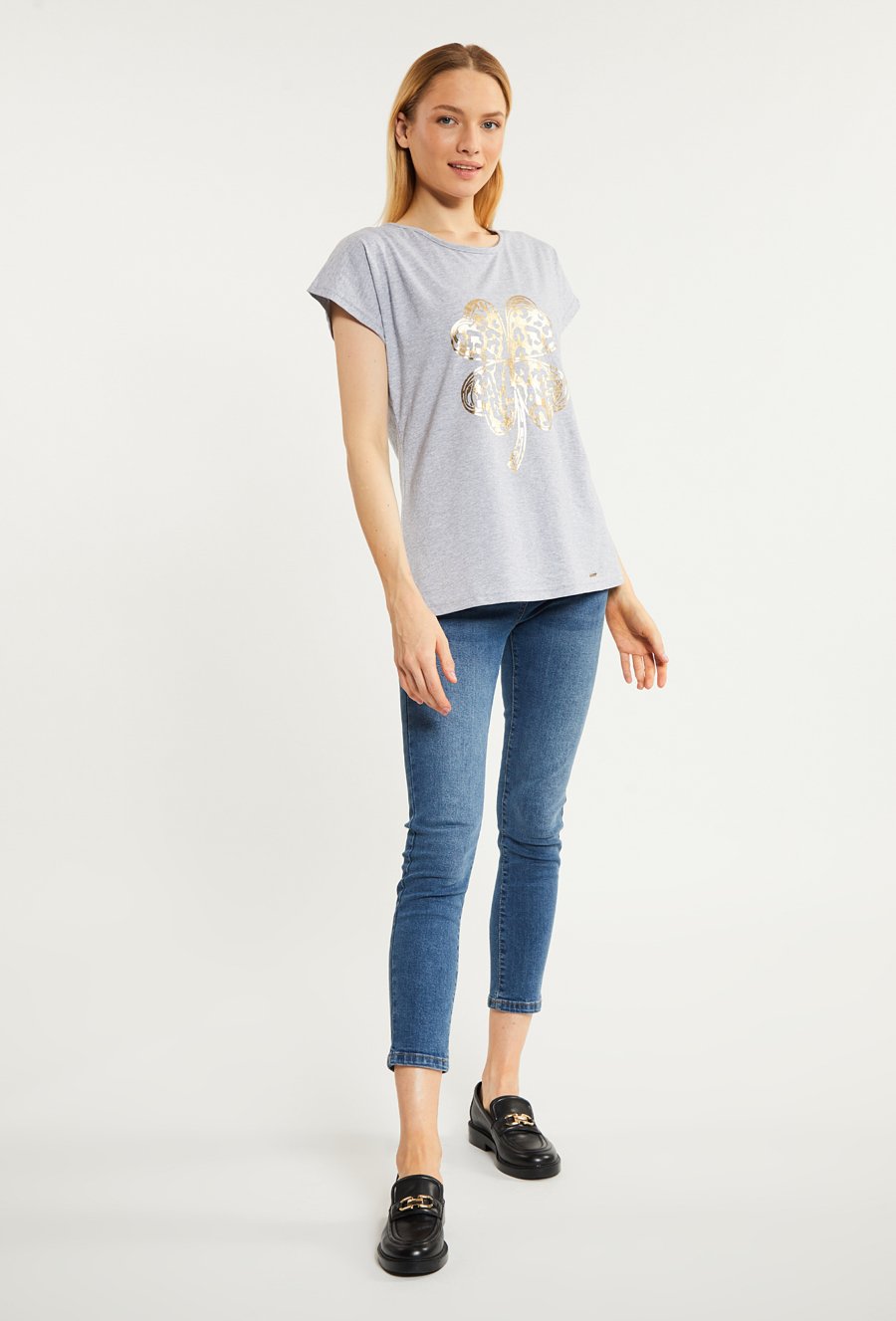 T-shirt damski z połyskującym panelem