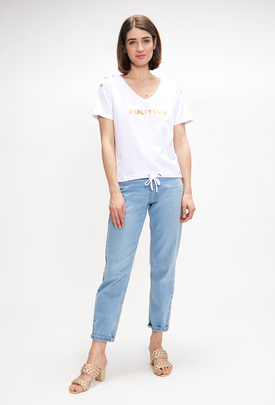 Bawełniany t-shirt damski ze ściągaczem u dołu