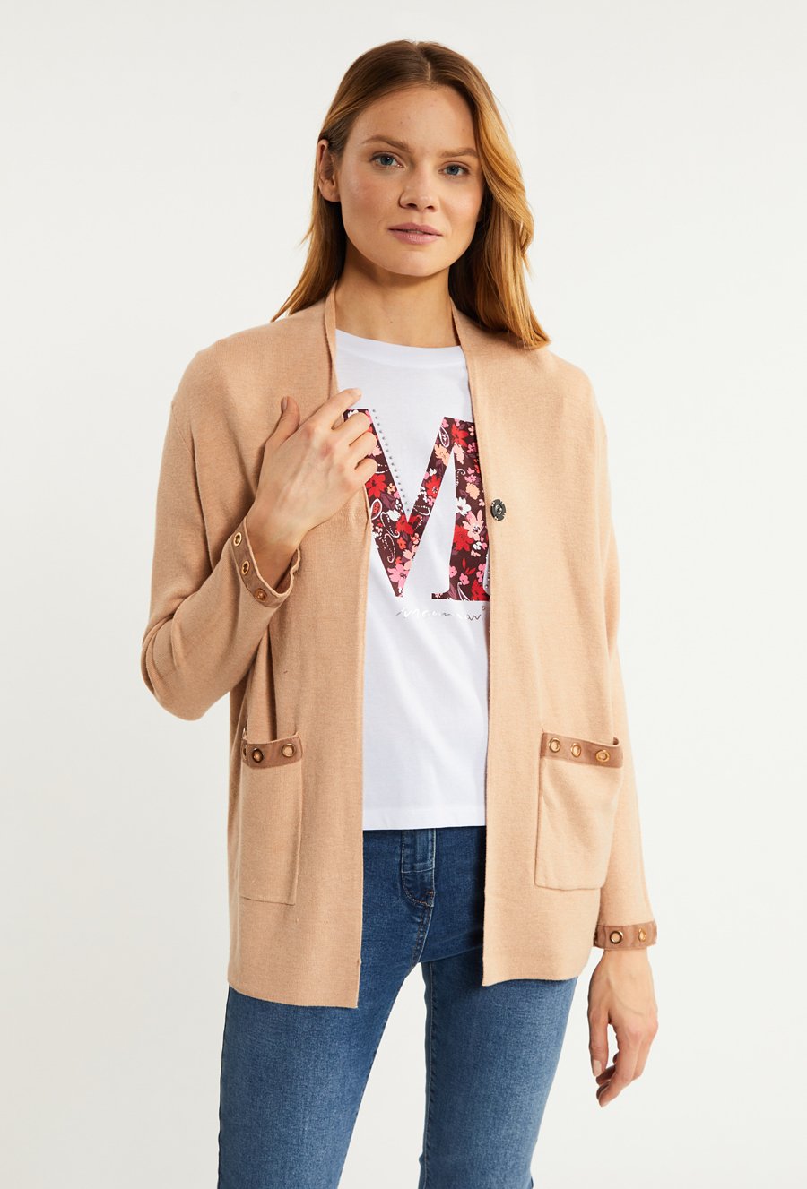 Kardigan damski z ozdobną aplikacją